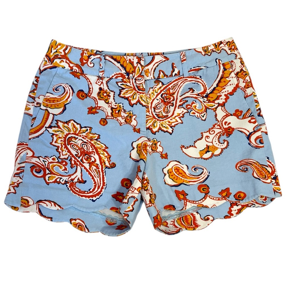 J. McLaughlin blue and orange paisley shorts with a scalloped hem Size 4